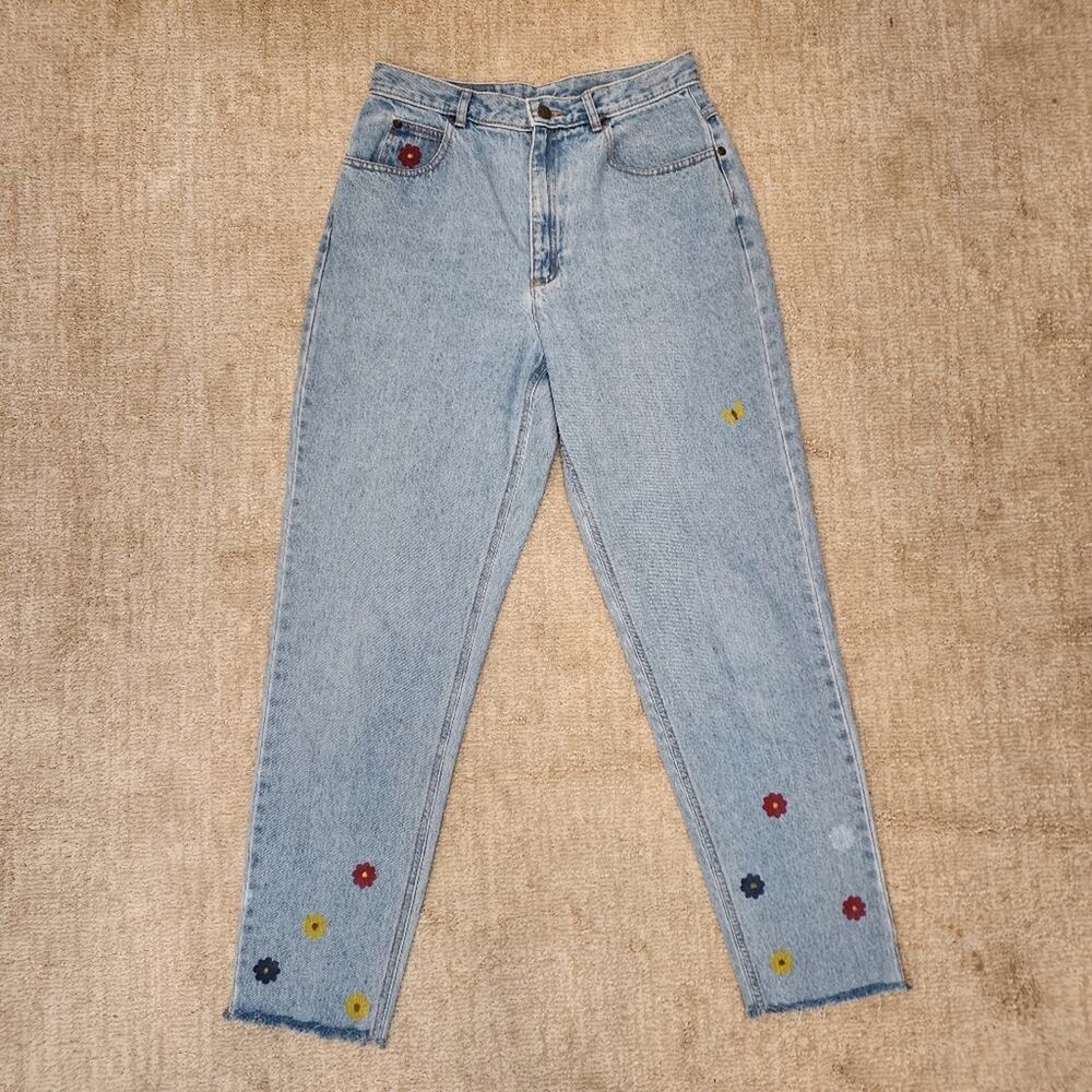 Hand Painted Vintage Flower High Waist Jeans